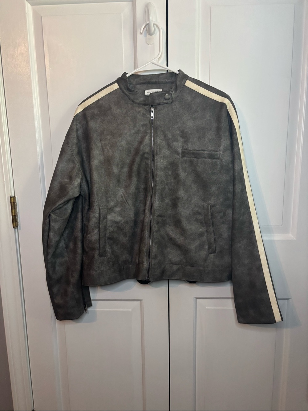 Mimosa Faux Leather Moto Jacket Charcoal Cream Racing Stripe S